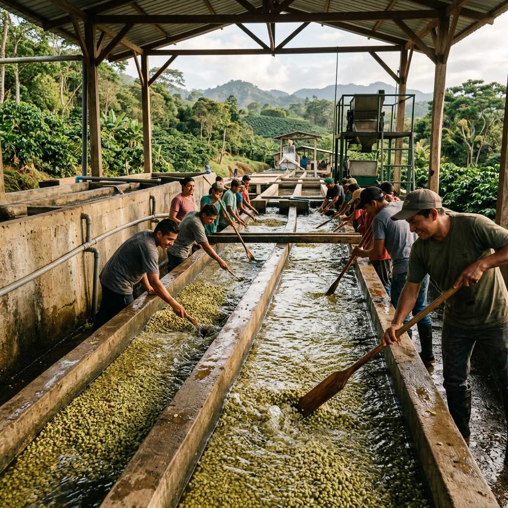 Coffee washed processing at a facility in the Gayo Highlands